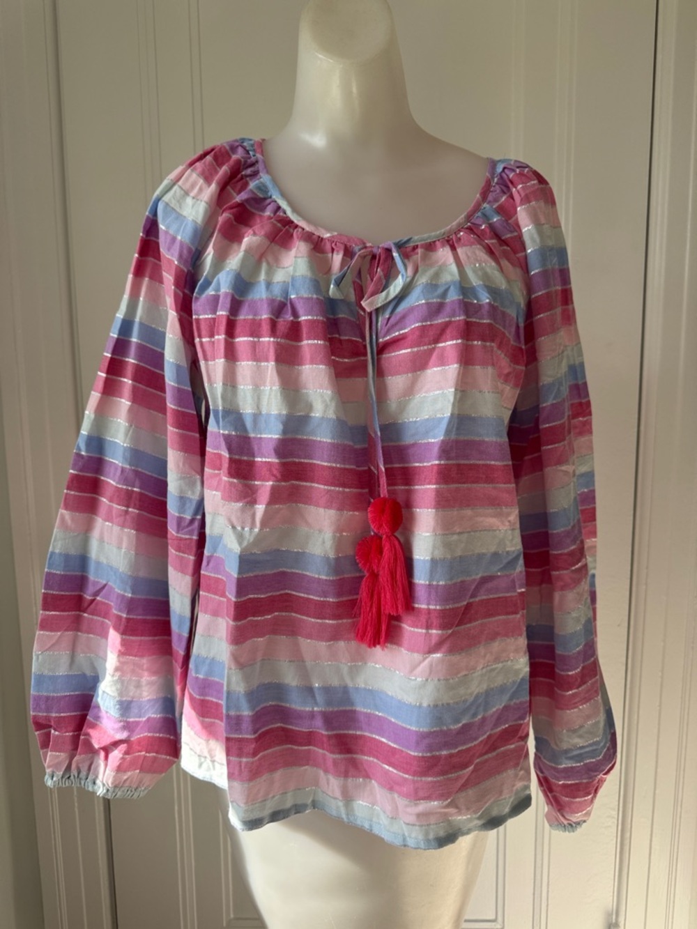 NWT J. Crew S Pink, Lavender & Light Blue Striped Peasant Top tunic silver